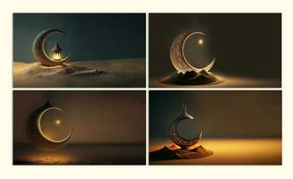 verzameling van glitterachtig halve maan maan met glimmend sterren Aan zand duin en verlichte Arabisch lamp. 3d veroorzaken. foto