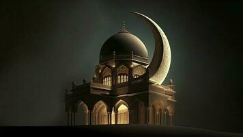 3d geven van voortreffelijk moskee en halve maan maan Aan donker achtergrond. Islamitisch religieus concept. foto