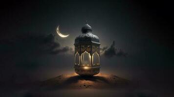 3d geven van Arabisch lamp Aan duin en realistisch halve maan maan. Islamitisch religieus concept. foto