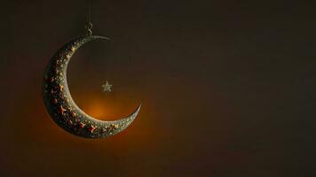 3d geven van mooi hangende gesneden maan met glimmend ster Aan donker achtergrond. Islamitisch religieus concept. foto