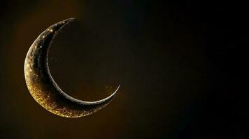 hangende voortreffelijk halve maan maan Aan donker achtergrond. 3d veroorzaken. Islamitisch festival concept. foto