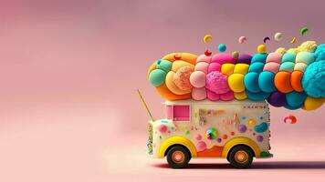 3d veroorzaken, fantasie kleurrijk voedsel vrachtauto van snoepland. foto