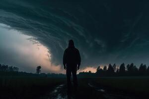 slecht weer regenachtig lucht een persoon gaat naar ontmoeten moeilijkheden generatief ai foto