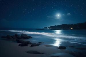 helder nacht landschap door de zee Bij vol maan generatief ai foto