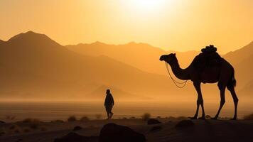 kameel in woestijn zandstorm zonsondergang landschap generatief ai foto