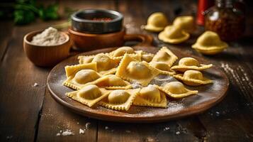 dichtbij omhoog visie van Italiaans schotel ravioli Koken tafel. generatief ai. foto