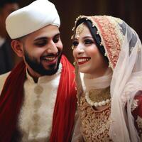Indisch moslim paar huwelijk in traditioneel kleding, generatief ai. foto