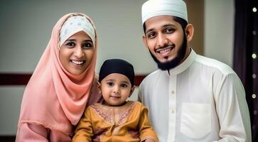 realistisch portret van gelukkig moslim familie vervelend traditioneel kleding gedurende eid viering, generatief ai. foto