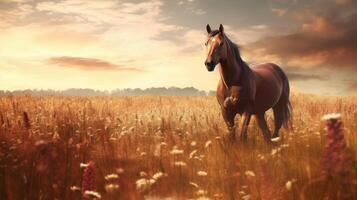 paard Aan natuurlijk veld- achtergrond. illustratie ai generatief foto