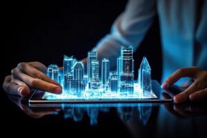 digitaal tablet en een hologram van modern gebouwen. illustratie ai generatief foto