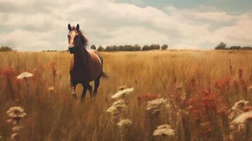 paard Aan natuurlijk veld- achtergrond. illustratie ai generatief foto