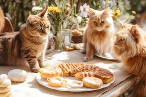 drie harig katten zijn neergestreken Aan een helder versierd dining tafel, hun ogen gemaakt Aan een bord gevulde met rommel voedsel. de katten verschijnen naar worden bezorgd over hun eigenaren aan het eten gebruiken. generatief ai foto
