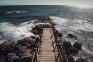 een toneel- visie van een pier uitbreiden in de oceaan met een rotsachtig kustlijn.gemaakt met generatief ai. foto