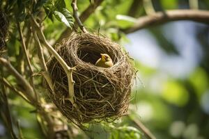 vogel zittend Aan een nest in een tuin boom, foto