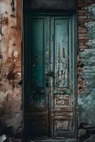 een oud wereld charme - wijnoogst deur met getextureerde modder muur achtergrond.gemaakt met generatief ai. foto
