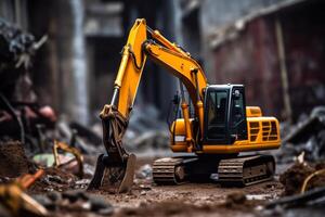 geel graafmachine Bij een bouw plaats in de stad generatief ai foto