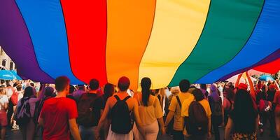 trots optocht mensen en groot regenboog vlag. lgbtq trots. ai gegenereerd foto