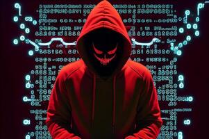 anoniem gemoderniseerd hacker. concept van rood hoed, hacken cyberbeveiliging, cybercriminaliteit, Cyber aanval, enz. ai gegenereerd beeld foto