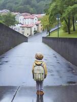 kind met regenjas en rugzak. concept van terug naar school. ai gegenereerd foto