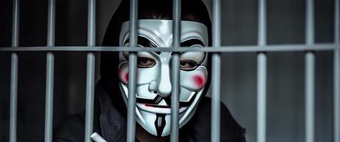 anoniem hacker achter bars. gearresteerd in gevangenis. straf ten gevolge naar cybercriminaliteit. ai gegenereerd foto