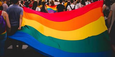 trots optocht mensen en groot regenboog vlag. lgbtq trots. ai gegenereerd foto