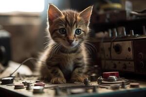 nieuwsgierig katje verkennen zijn eigenaar laboratorium illustratie generatief ai foto