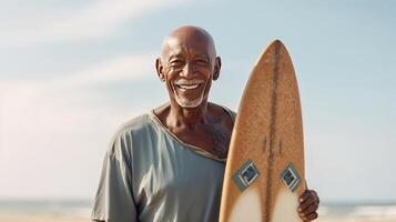 glimlachen Mens met surfen bord. illustratie ai generatief foto