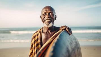 glimlachen Mens met surfen bord. illustratie ai generatief foto