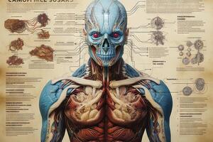menselijk kameleon cyborg dier gedetailleerd infografisch, vol details anatomie poster diagram illustratie generatief ai foto