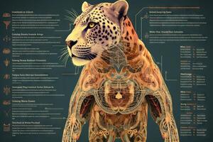 Jachtluipaard kat cyborg dier gedetailleerd infografisch, vol details anatomie poster diagram illustratie generatief ai foto