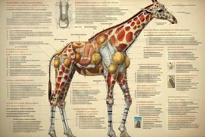 giraffe cyborg dier gedetailleerd infografisch, vol details anatomie poster diagram illustratie generatief ai foto