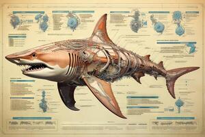 haai cyborg dier gedetailleerd infografisch, vol details anatomie poster diagram illustratie generatief ai foto