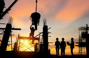 silhouet van ingenieur en arbeider team controle project Bij gebouw plaats achtergrond, bouw plaats met zonsondergang in avond tijd achtergrond foto