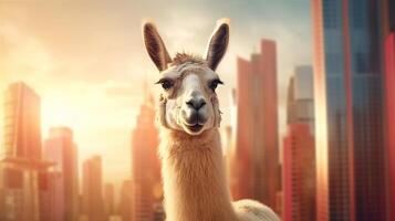 schattig vrolijk lama Aan de achtergrond van de stad, humoristisch beeld van een lama in de stad, ai generatief foto