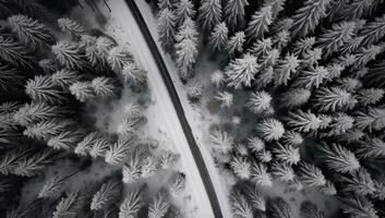 antenne visie Aan de weg en Woud Bij de winter tijd. natuurlijk winter landschap van lucht. Woud onder sneeuw een de winter tijd. generatief ai. foto