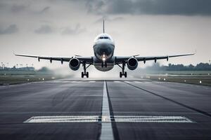 vlak nemen uit van luchthaven landingsbanen voor op reis en vervoer bedrijf. generatief ai. foto