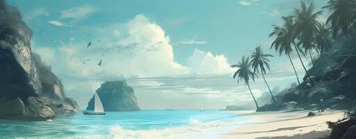 lucht en zon Bij zee achtergrond, oceaan en strand vector eiland landschap leeg tekenfilm. oceaan of zee water met golven en wolken in lucht zomer blauw zeegezicht met bewolkt lucht en kust. generatief ai foto