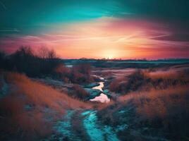 rood zonsondergang Aan de kust met zand en groen gras, groot Purper en rood wolken. generatief ai. foto