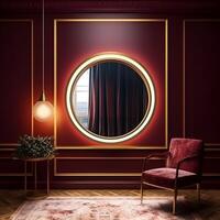 generatief ai inhoud, model, ronde goud kader met spiegel, leeg centrum binnen in rood minimalistische interieur. kopiëren Plakken sjabloon foto