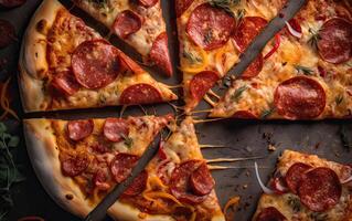 smakelijk peperoni pizza en Koken ingrediënten tomaten basilicum Aan zwart beton achtergrond. top visie van heet peperoni pizza. met kopiëren ruimte voor tekst. vlak leggen. spandoek. generatief ai. foto