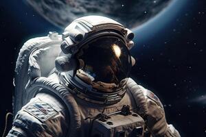 astronaut Aan een rots oppervlakte met een ruimte achtergrond. een astronaut staand Aan de eenzaam planeet met hem op zoek naar voren. generatief ai foto