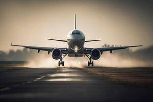 vlak nemen uit van luchthaven landingsbanen voor op reis en vervoer bedrijf. generatief ai. foto