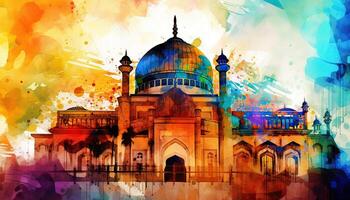 water kleur schilderij Arabisch Islamitisch typografie ontwerp mawlid al-nabawai al-sharif groet kaart met koepel en minaret van de van de profeet moskee. generatief ai foto