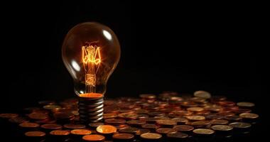 licht lamp Aan, met bankbiljetten, munten en energie rekening. toenemen in energie en gas- tarieven. rendement en energie besparing. generatief ai. foto