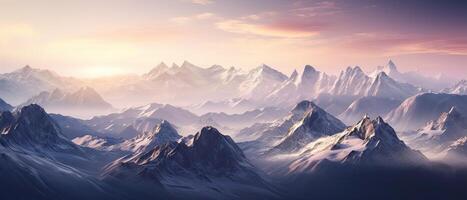 antenne visie van vliegtuig van sneeuw gedekt berg landschap in winter. kleurrijk roze lucht kunst veroorzaken. generatief ai. foto