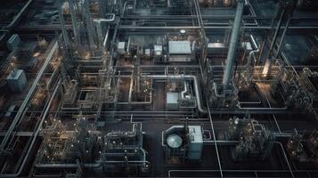 antenne top visie olie en gas- raffinaderij achtergrond, bedrijf petrochemisch industrieel, raffinaderij olie en gas- fabriek macht en brandstof energie, ecosysteem en gezond milieu concepten. generatief ai. foto