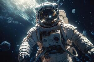 astronaut Aan een rots oppervlakte met een ruimte achtergrond. een astronaut staand Aan de eenzaam planeet met hem op zoek naar voren. generatief ai foto