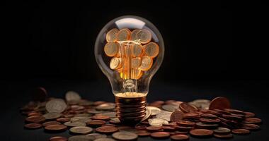 licht lamp Aan, met bankbiljetten, munten en energie rekening. toenemen in energie en gas- tarieven. rendement en energie besparing. foto