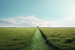 de landschap van gras velden en blauw lucht weg leidend uit in de afstand. generatief ai. foto