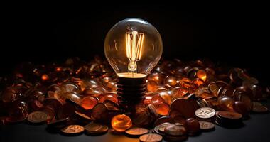 licht lamp Aan, met bankbiljetten, munten en energie rekening. toenemen in energie en gas- tarieven. rendement en energie besparing. foto